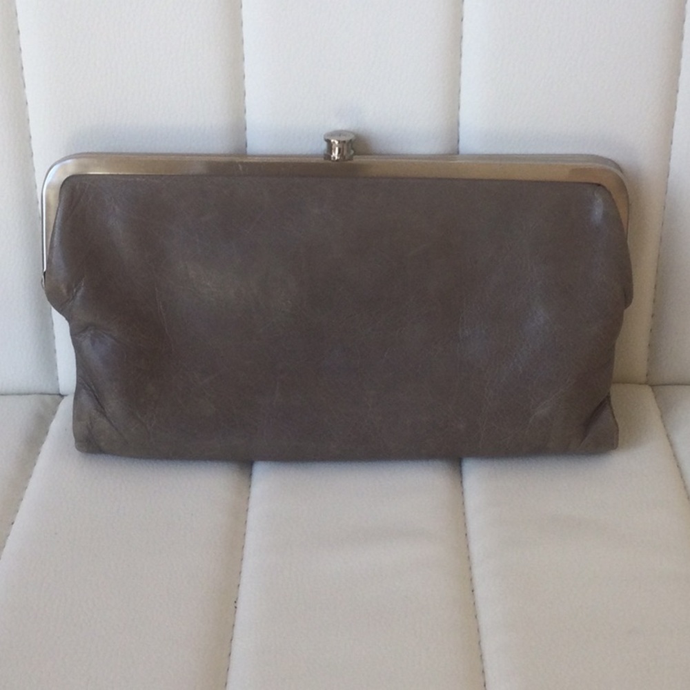 EUC Leather Gray Hobo Lauren Wallet Clutch With Silver Trim